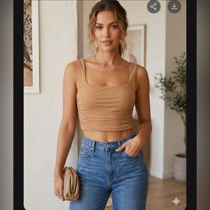 Zara Ruched Square Neck Crop Tank Top - Tan